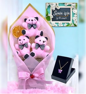 Büyük Boy Pembe Ayıcık Buketi & Kelebek Kolye  Sevgiliye Hediye Doğum Günü Hediyesi