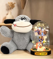 Kişiye Özel 3 Fotoğraflı Yazılı LED Işıklı Fanus ve Peluş Eşek Hediye Seti (unicornlu)