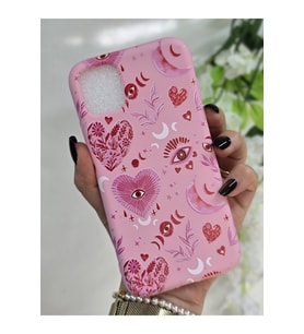 Iphone 11 Uyumlu Pembe Mistik Kalp & Ay Desenli İçi Kadife Sert Silikon Telefon Kılıfı