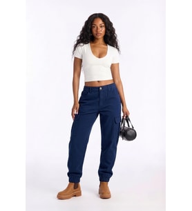 Kadın Kargo Cep Beli Lastikli Slim Fit Lacivert Jean Pantolon