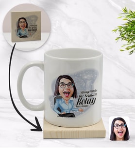 BK Gift Kişiye Özel Kadın Nihayetinde Karikatürlü Beyaz Kupa Bardak ve Ahşap Bardak Altlığı Hediye Seti - Model 2