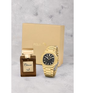 Polo Air Takvimli Premium Çift Klipsli Erkek Kol Saati Ve 55 ml Parfüm Seti Gold Siyah Renk ST-5025E5
