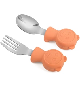 304 Çelik Panda Bebek Kaşık Çatal SetiSilikon Saplı BPA İçermez Ergonomik Kaymaz Turuncu