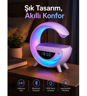Bluetooth Hoparlör 15w Kablosuz Hızlı Şarj Led Gece Lambası