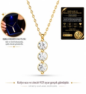 Premium Işıklı Kutuda 925 Ayar Gümüş Altın Kaplama 3'lü Tektaş Kadın Kolye