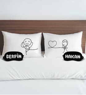 BK Gift Kişiye Özel Sevgili Tasarımlı Pamuklu Yastık Kılıfı ve Göz Bandı Çift Uyku Seti-4, Tasarım Ev Tekstili, Uyku Bandı, Ev Hediyesi