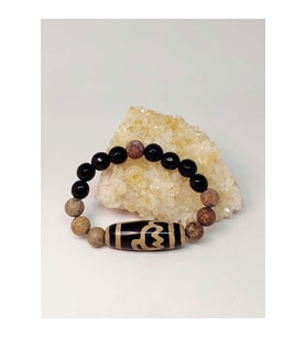 Tibet Akik, Japer & Oniks Taşlı Lotus Sembollü Unisex Bileklik 10mm