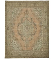 Bej Renkli Klasik Madalyon Desenli Salon Halısı El Dokuma Eskitme Yüzeyli Vintage Stil