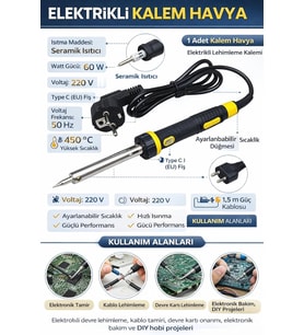 60W Elektrikli Kalem Havya, Hızlı Isınan Lehimleme Kalemi, Elektronik Devre Onarım ve Tamir Havya Aleti, Dayanıklı Metal Uçlu Lehimleme Aracı, Hobi, DIY Projeleri ve Elektrik Tamir İşleri