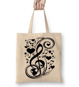 Aşk Müzik Nota Bez Çanta Uzun Saplı