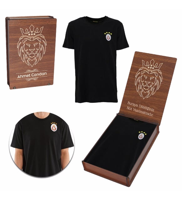 Galatasaray Orjinal 4 Yıldızlı Siyah Tshirt Kişiye Özel Ahşap Kutulu