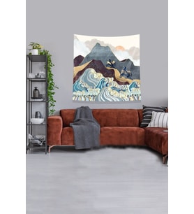 Sarı Tırmanan İki Kartal Leke Tutmaz Kadife Kumaş Duvar Örtüsü Duvar Halısı Tapestry
