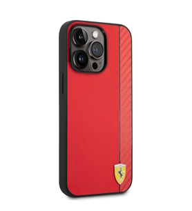 Apple iPhone 14 Pro Kılıf Ferrari M-safe Şarj Özellikli PU Deri Karbon Şeritli Dizayn Kapak