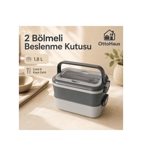 2 Bölmeli Beslenme Kutusu Çatal Kaşık Setli Katlanır Saplı Kilitli 1,8 L