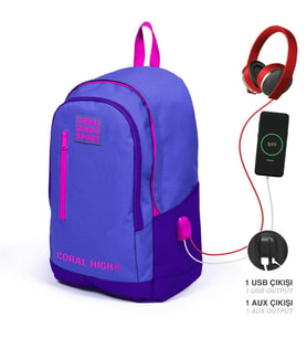 Coral High Sport Lavanta Mor Üç Bölmeli USB Şarjlı Kulaklık Çıkışlı Sırt Çantası 23234