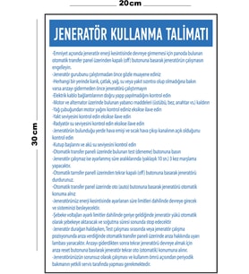 Metal Jeneratör Kullanma Talimatı 20cm x 30cm A4 Büyüklüğünde Uyarı Levhası Yönlendirme Tabelası