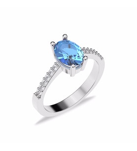 Oval Aqua Taşlı Beyaz Gümüş Yüzük