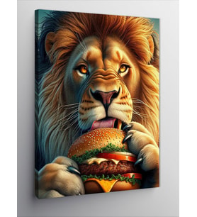 Kanvas Tablo Hamburger Yiyen Sevimli Aslan