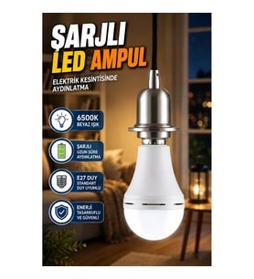 Şarjlı E27 LED Ampul 6500K Beyaz Işık – Elektrik Kesintisinde Aydınlatma