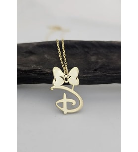 Kişiye Özel 925 Ayar Gümüş Minnie Mouse Detaylı Disney Font Harf Kolye (Gold)
