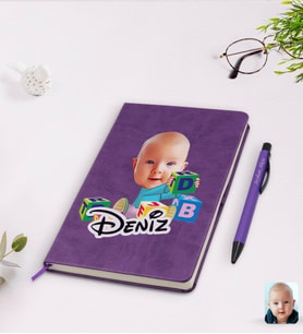BK Gift Kişiye Özel Bebek Karikatürlü Mor Termo Deri Defter Kalem Seti Model 5
