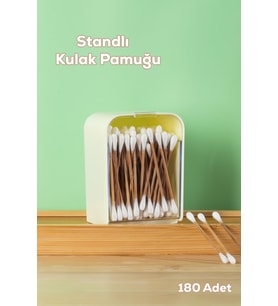 Porsima 3135 Doğal Ahşap Bambu Saplı Standlı Kulak Temizleme Çubuğu Seti- 180 Adet Renkli