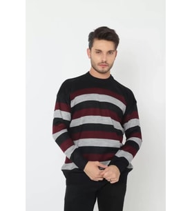 Unisex Kalın Çizgili Bisiklet Yaka Triko Kazak - Gri