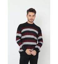 Unisex Kalın Çizgili Bisiklet Yaka Triko Kazak - Gri