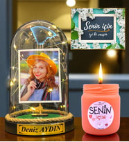 Kişiye Özel Led Işıklı Fanus ve Renkli Mis Kokulu Mum Hediye Seti DN1 (Model 2)