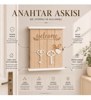 Ahşap Anahtar Tasarımlı Home Sweet Home Anahtar Askısı Welcome Duvar Organizeri 27 cm Dekor