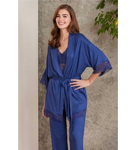Pierre Cardin Dantelli Sabahlıklı Penye Pijama Takımı Lacivert