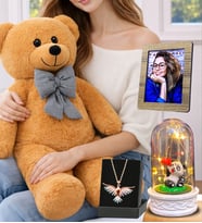 Size Özel Muhteşem Set Kahve Peluş Ayıcık, Renkli Anka Kuşu Kolye, Led Işıklı Fanus ve Fotoğraf (Model 4)