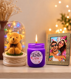 Kişiye Özel Fotoğraflı Renkli LED Işıklı Fanus (peluş ayıcıklı) ve Kokulu Cam Mum Seti