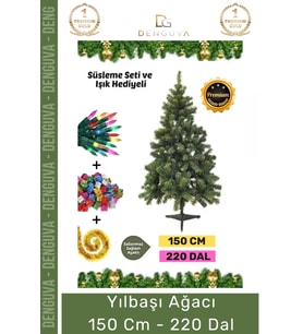 Premium Kutu Süsleme Seti Yılbaşı Çam Ağacı Renkli Işığı Yeni Yıl Süsleri Noel Paketi 150 Cm 220 Dal