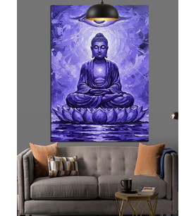 Mor Işıklar Altında Oturan Meditasyon Budası Dekoratif Kanvas - Mdf Ahşap Tablo