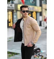 Premium Örme Triko Kol Dik Yaka Süet Ceket (Krem)