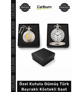 #Saat Antika Görünümlü Nostaljik Şık Tasarım Özel Kutulu Gümüş Türk Bayraklı Köstekli Saat