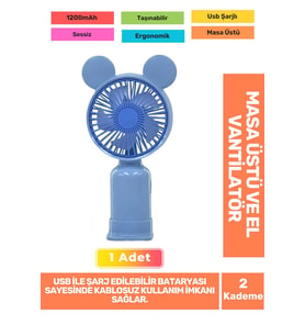 Sessiz 2 Kademeli Hafif Kablosuz 1200mAh Pervaneli Taşınabilir Usb Şarjlı Masa El Fanı Vantilatör