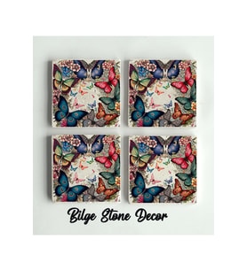 bilge tasarım Stone Decor Taş Bardak Altlığı 4'lü Set 10x10x1 Cm desenli