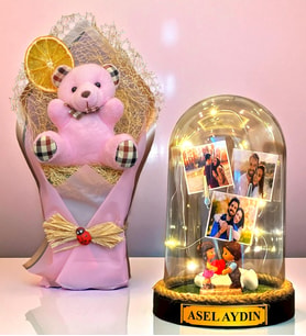 Sizlere Özel İsimli 3 Fotoğraflı Led Işıklı Fanus ve Pembe Peluş Ayıcık Buketi (Model 10)