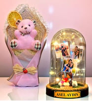 Sizlere Özel İsimli 3 Fotoğraflı Led Işıklı Fanus ve Pembe Peluş Ayıcık Buketi (Model 10)