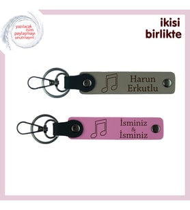 Melodiye Dönüşen Aşka Romantik Hatıra, Kişisel Deri Anahtarlık Takımı, Kül Gri-Pembe