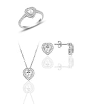Söğütlü Silver Gümüş rodyumlu zirkon taşlı kalp kolye küpe ve yüzük üçlü set
