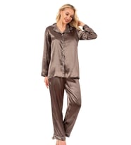 Biyeli Uzun Kol Saten Önden Düğmeli Pijama Takımı  Haki 7647