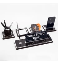 Mermer Desenli 5 Parça Ahşap Masa İsimliği Gümüş Ofis İsimlik