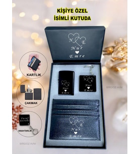 Kişiye Özel İsimli Sevgiliye Hediye Lüks Çakmak & Kartlık & Anahtarlık 3 Lü Hediye Set Özel Kutu
