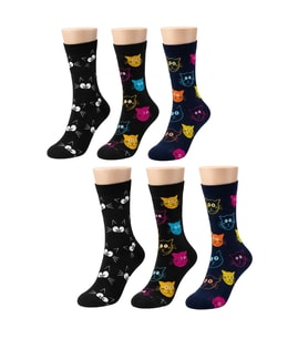 Unisex Kedi Desenli Çorap 6'lı Set Pamuklu Renkli Uzun Soket Dikişsiz Nefes Alan Rahat Günlük Çorap — Çok Renkli, 36-40