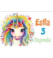 Gökkuşağı Saçlı Unicorn Temalı Doğum Günü Afişi -1 35X50 cm