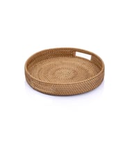 Koza Home Meander El Yapımı Yuvarlak Büyük Boy Rattan Çok Amaçlı Kulplu Tepsi 35cm 8981 (Natural)