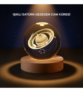 Satürn Desenli Kristal Küre LED Gece Lambası Ahşap Standlı
